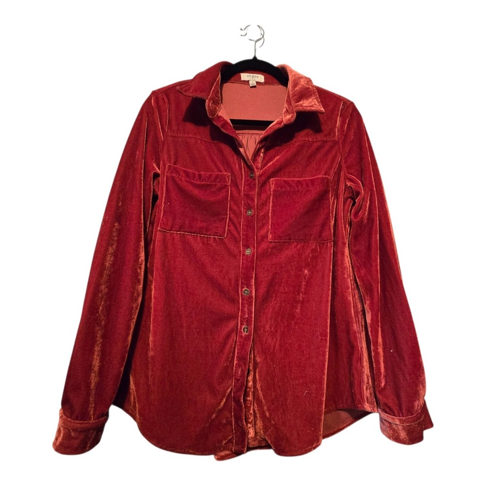 Umgee USA Velvet Button Down Shirt Top Womens SM Burnt Orange Fall Autumn Boho